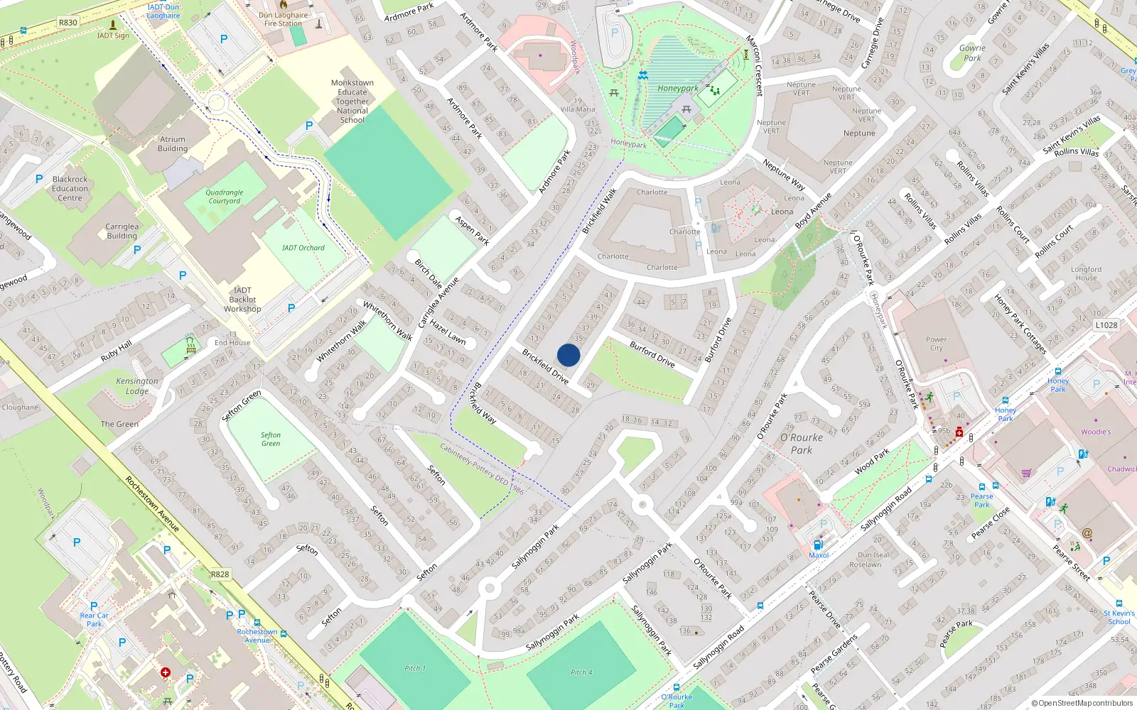 Overhead map showing the location of 32 Brickfield Drive, Honeypark, Dun Laoghaire