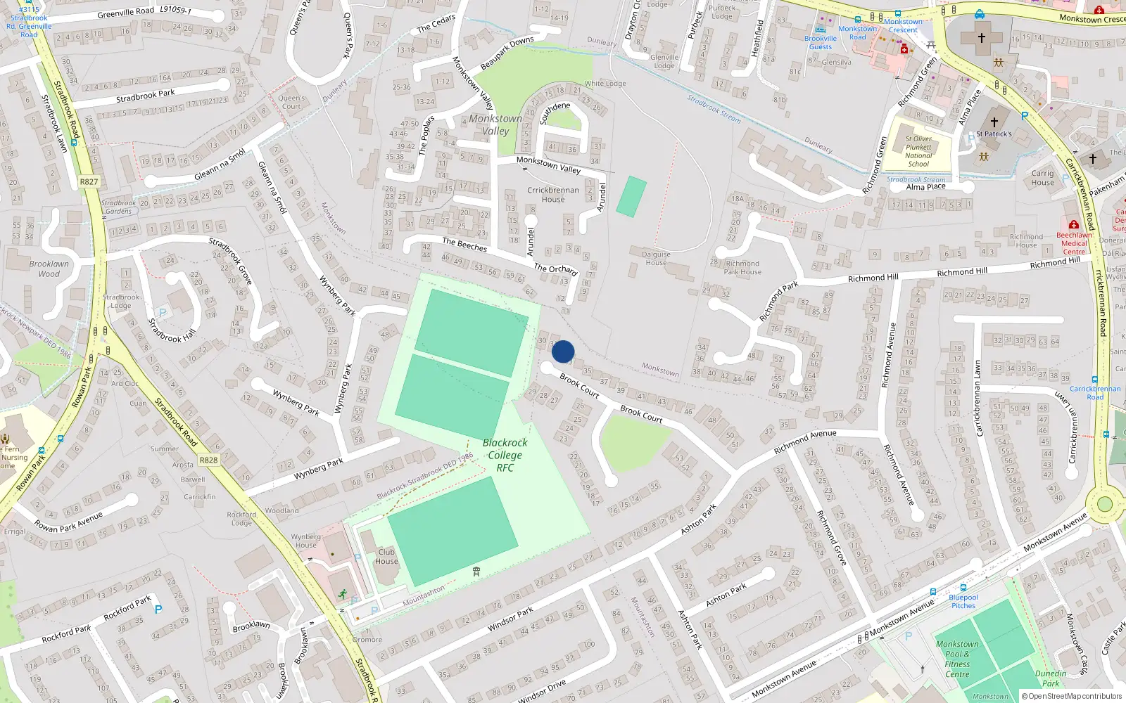Overhead map showing the location of 32 Brook Court, Monkstown