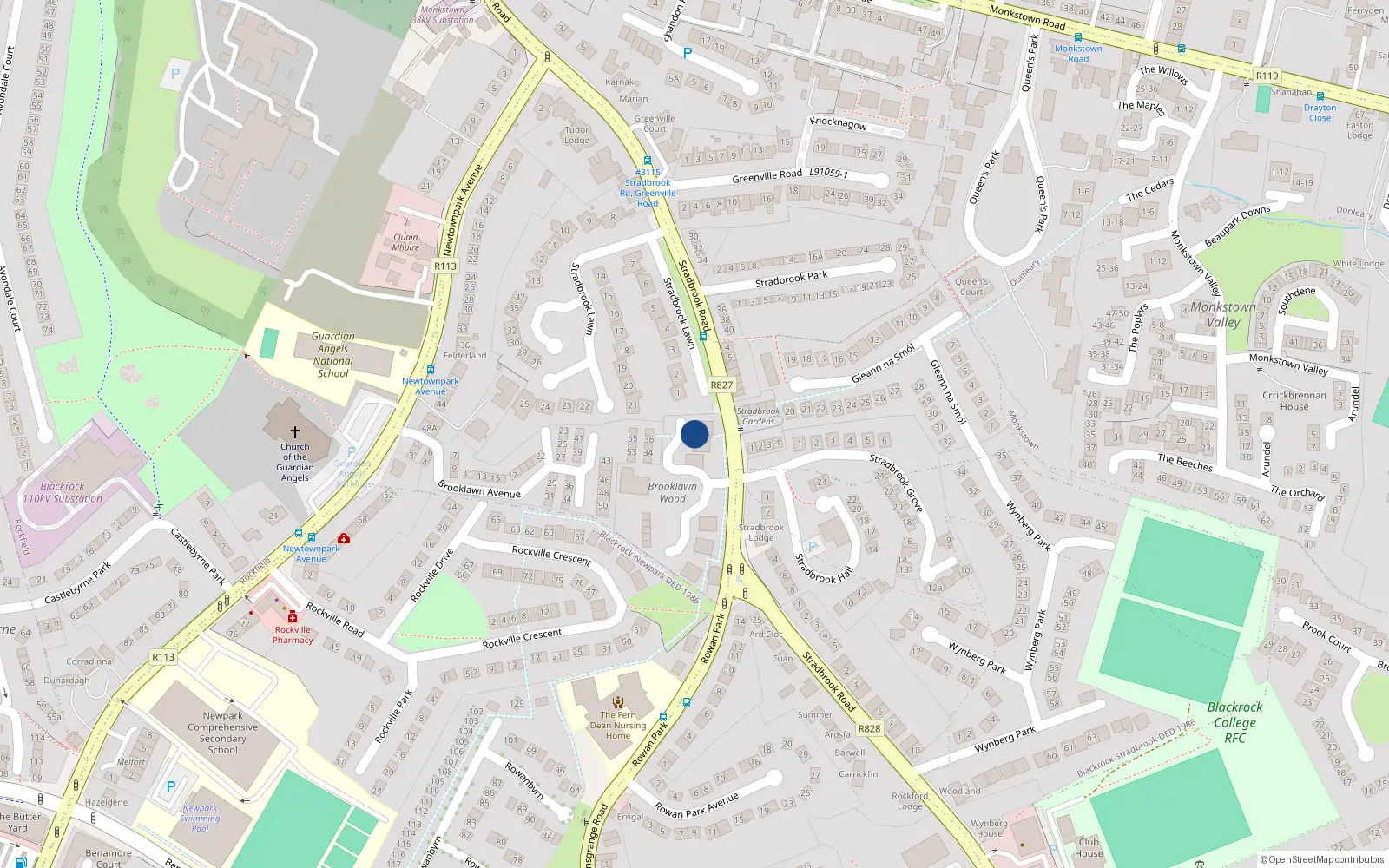 Overhead map showing the location of 32 Brooklawn Wood, Blackrock, Dublin