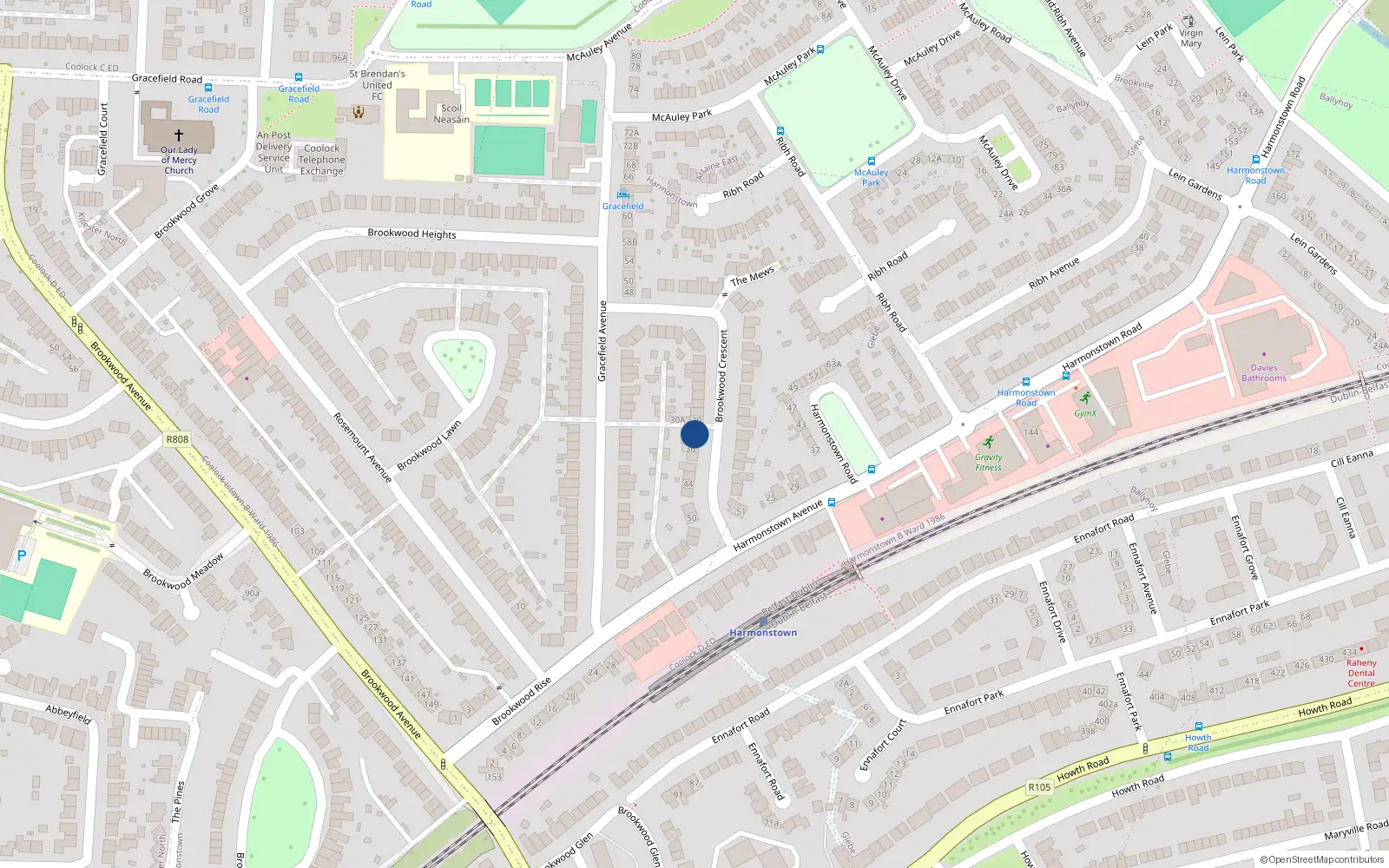 Overhead map showing the location of 32 Brookwood Crescent, Artane, Dublin 5