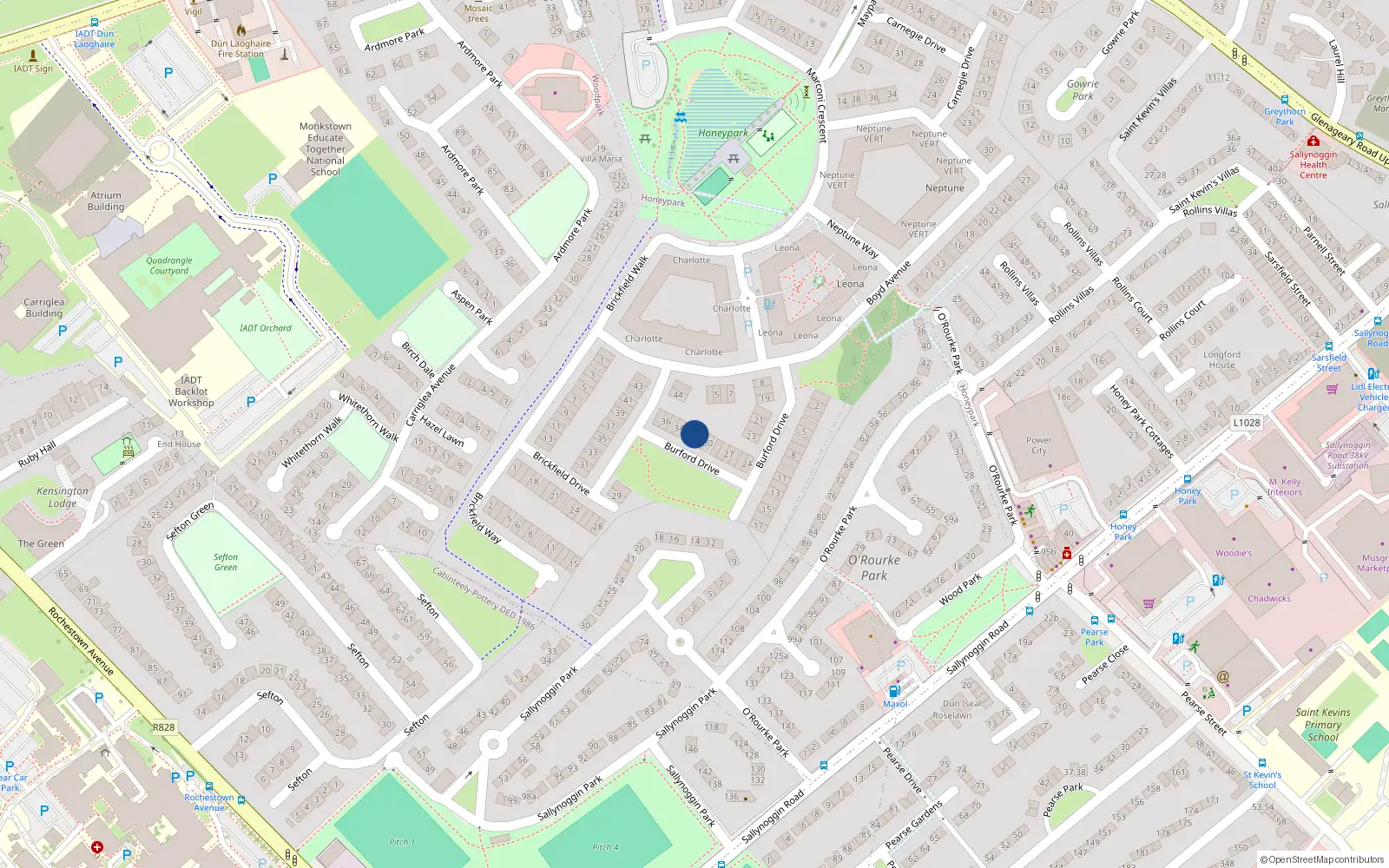 Overhead map showing the location of 32 Burford Drive, Dun Laoghaire