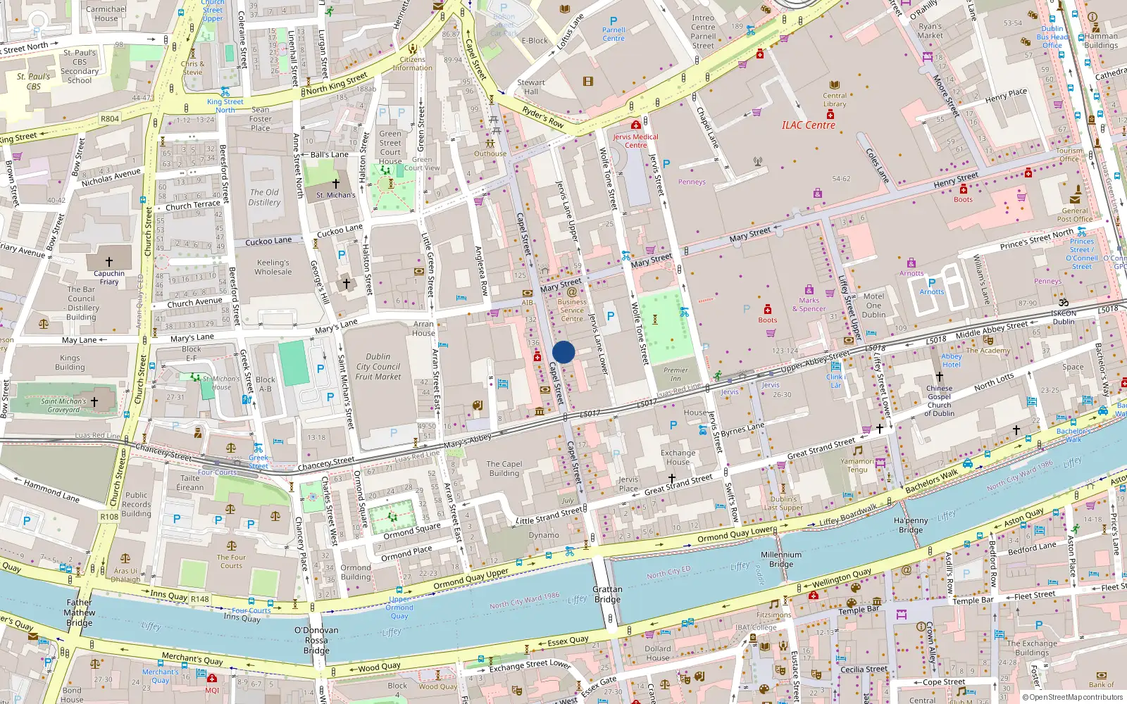 Overhead map showing the location of 32 Capel Street, Dublin 1