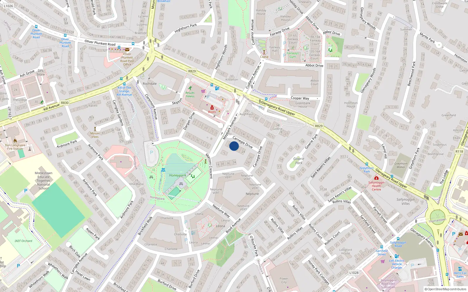 Overhead map showing the location of 32 Carnegie Drive, Honey Park, Dun Laoghaire