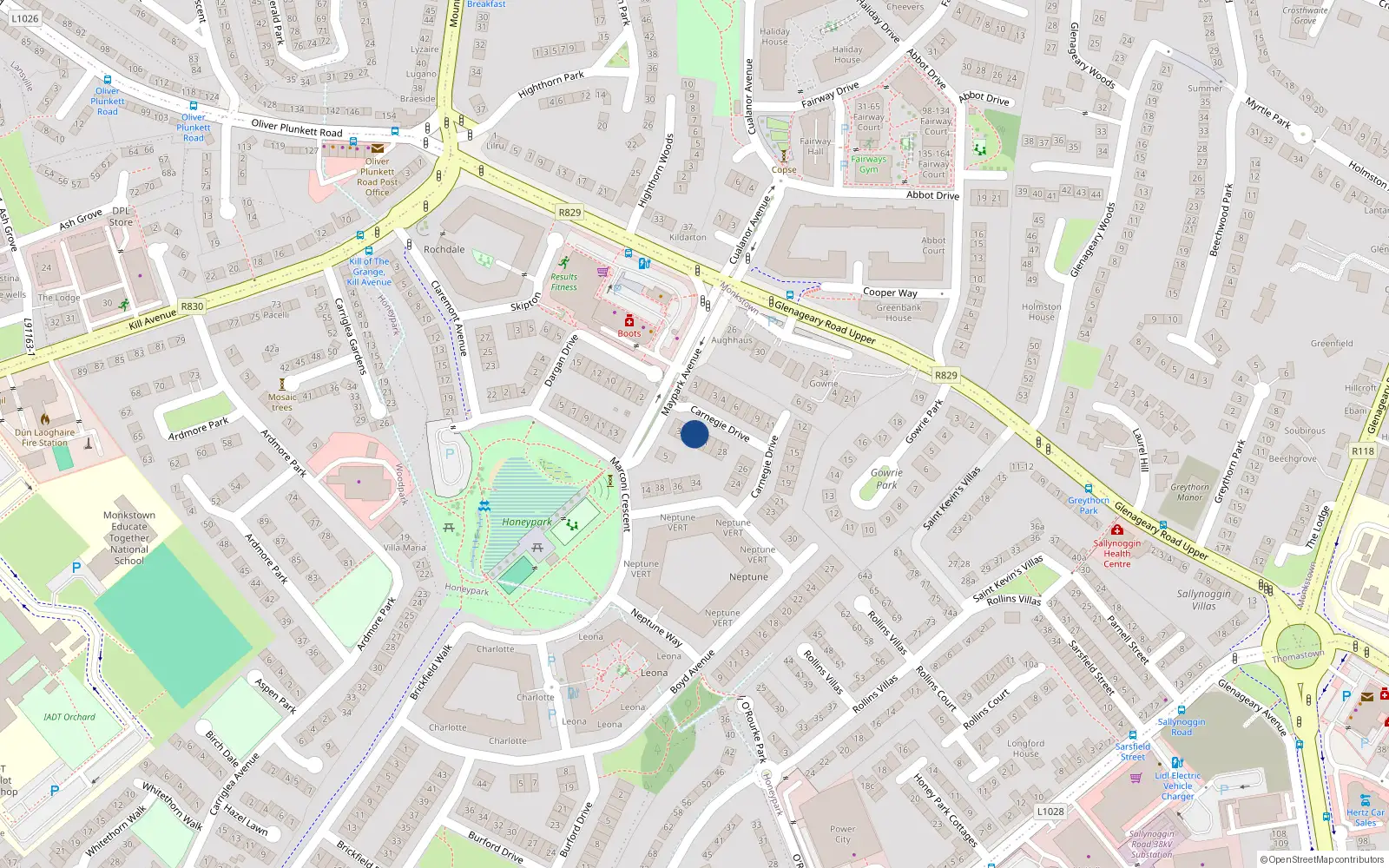 Overhead map showing the location of 32 Carnegie Drive, Dun Laoghaire