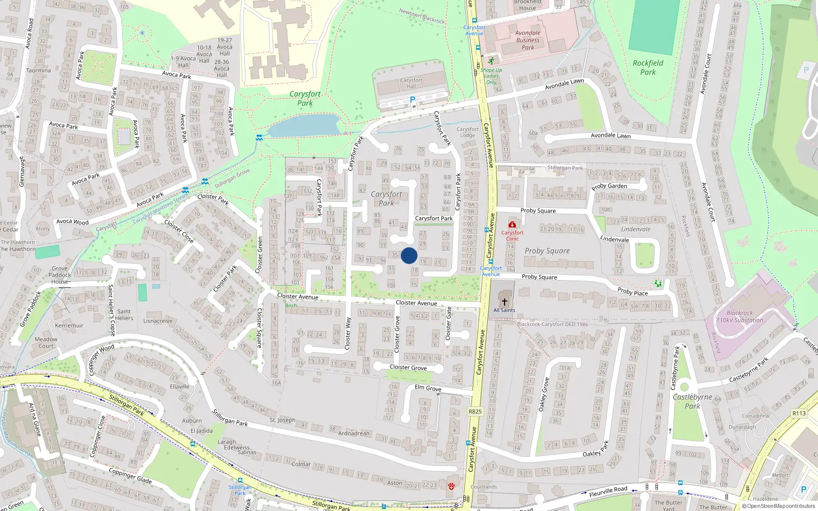 Overhead map showing the location of 32 Carysfort Park, Blackrock, Dublin