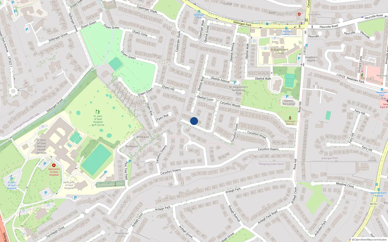 Overhead map showing the location of 32 Carysfort Woods, Blackrock, Dublin