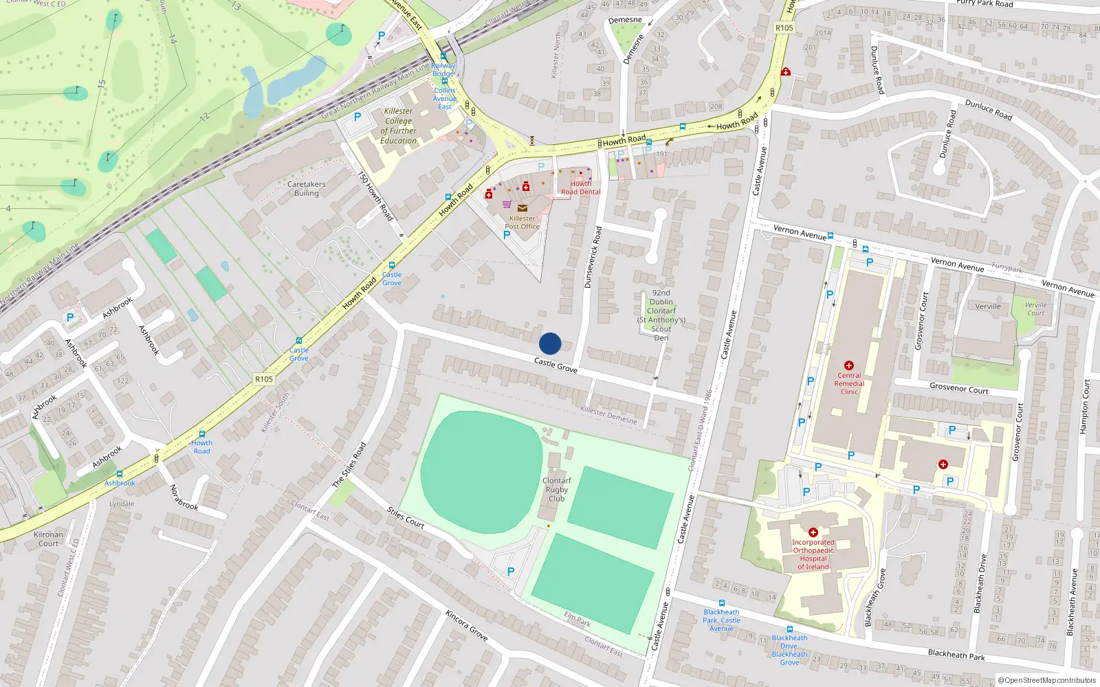 Overhead map showing the location of 32 Castle Grove, Clontarf, Dublin 3