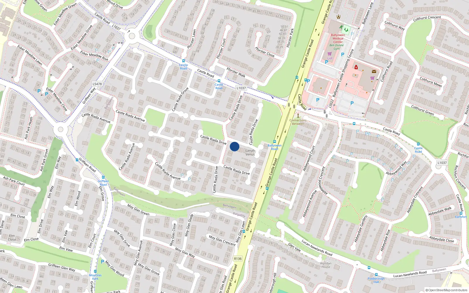 Overhead map showing the location of 32 Castle Riada Drive, Lucan, Dublin