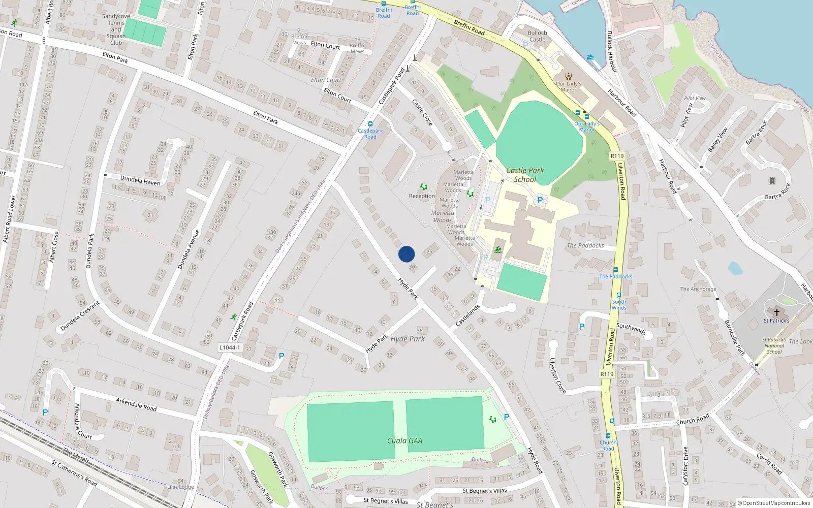 Overhead map showing the location of 32 Castlelands Grove, Hyde Road, Dalkey