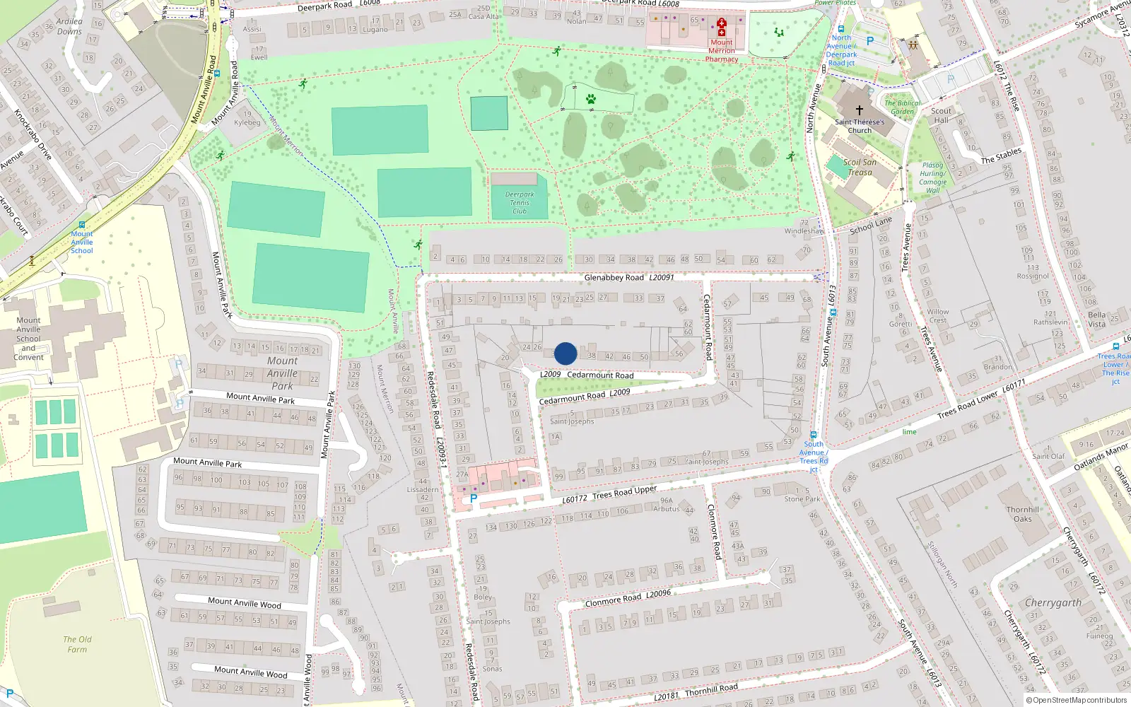 Overhead map showing the location of 32 Cedarmount Road, Blackrock