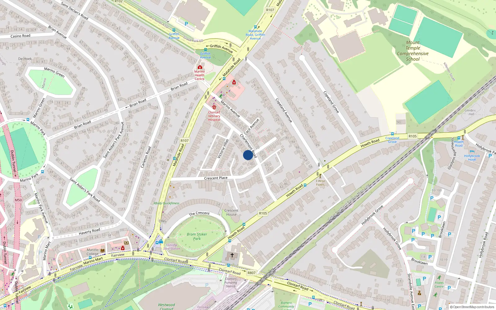 Overhead map showing the location of 32 Charlemont Road, Dublin 3