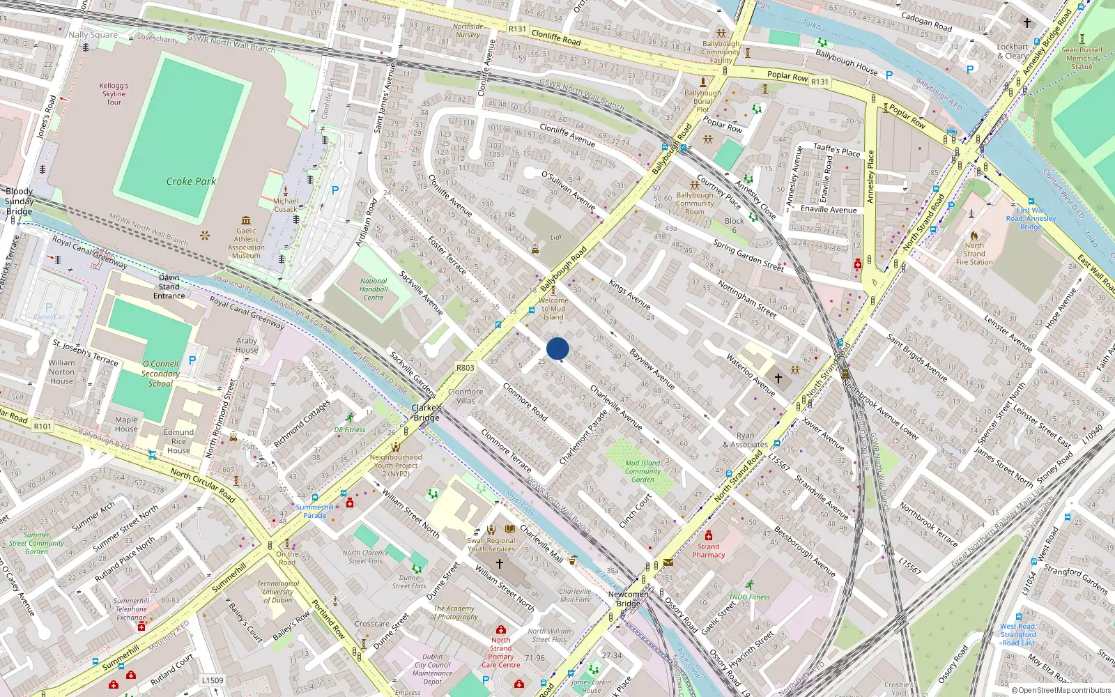 Overhead map showing the location of 32 Charleville Avenue, Ballybough, Dublin 3