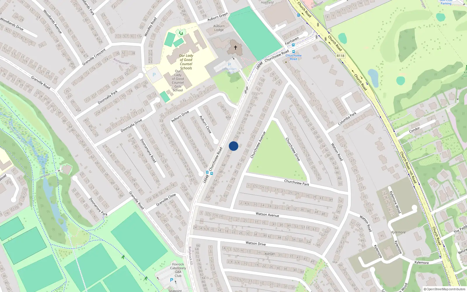 Overhead map showing the location of 32 Churchview Road, County Dublin