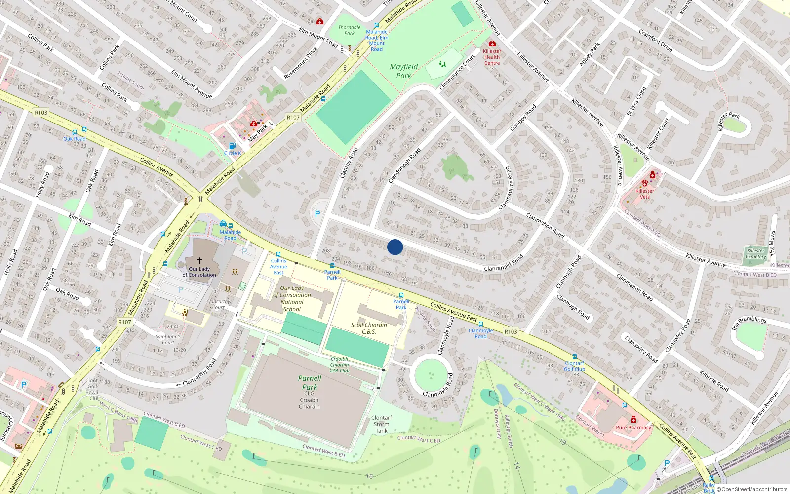 Overhead map showing the location of 32 Clanranald Road, Dublin 5