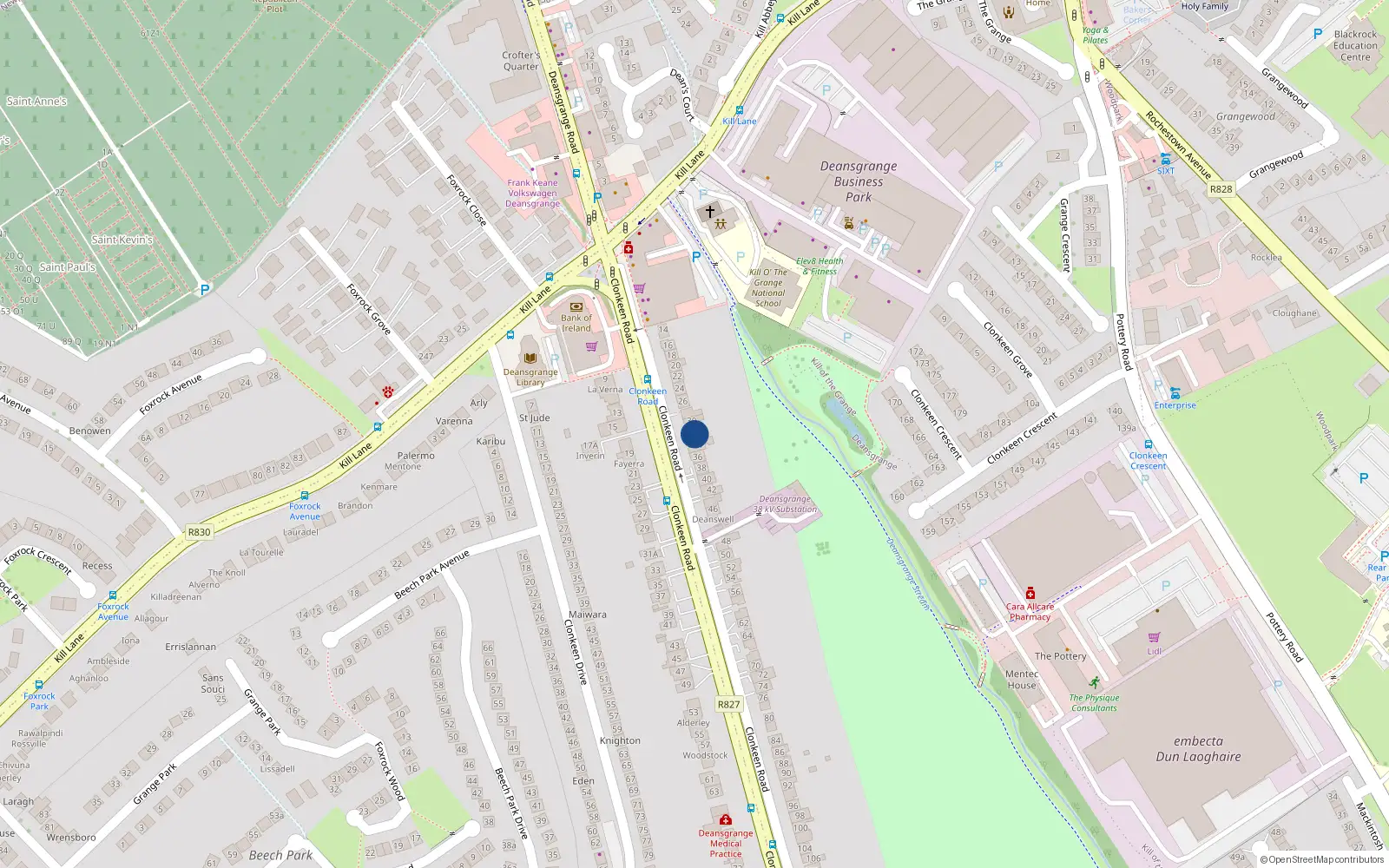 Overhead map showing the location of 32 Clonkeen Road, Blackrock