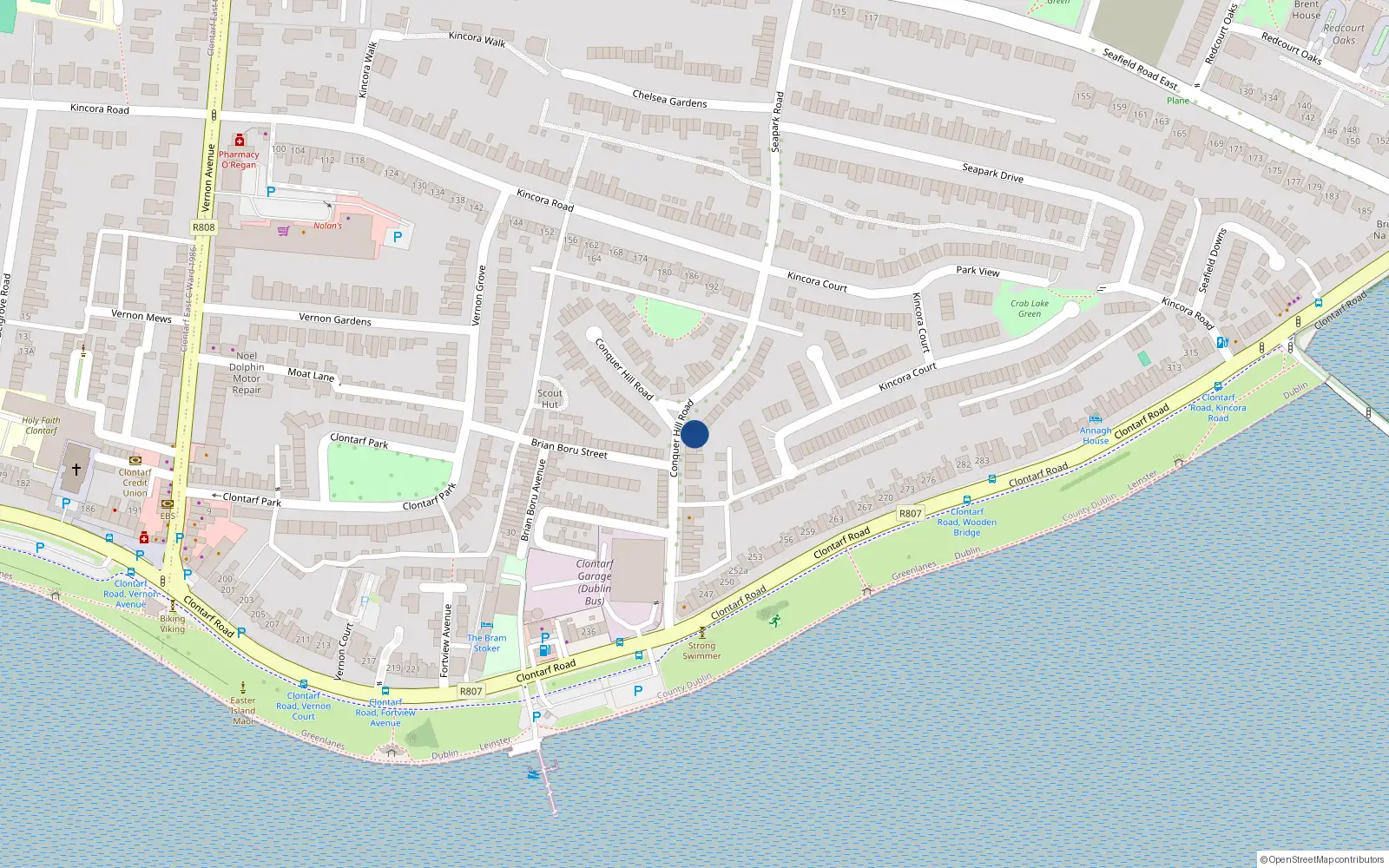 Overhead map showing the location of 32 Conquer Hill Road, Clontarf, Dublin 3
