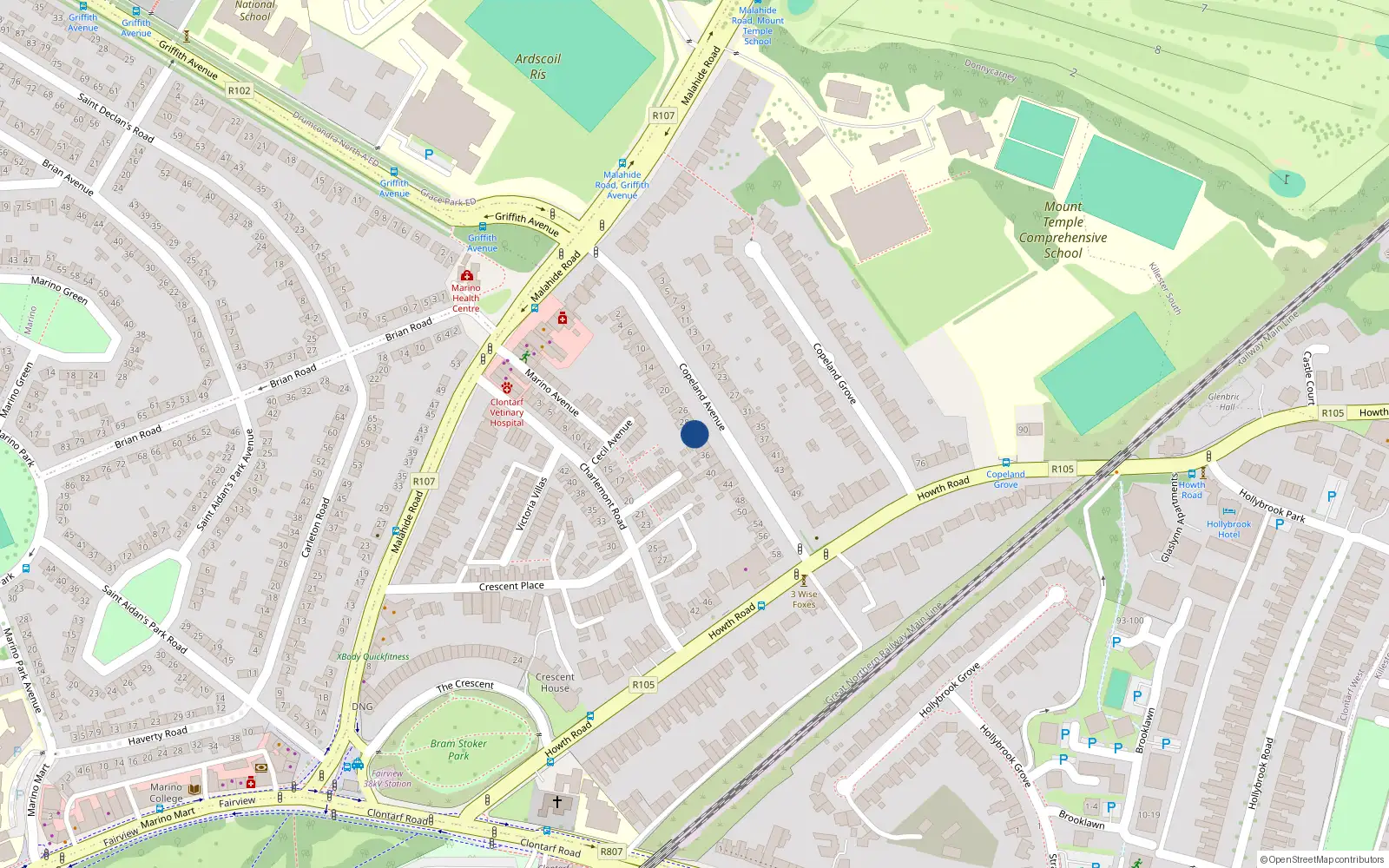 Overhead map showing the location of 32 Copeland Avenue, Dublin 3