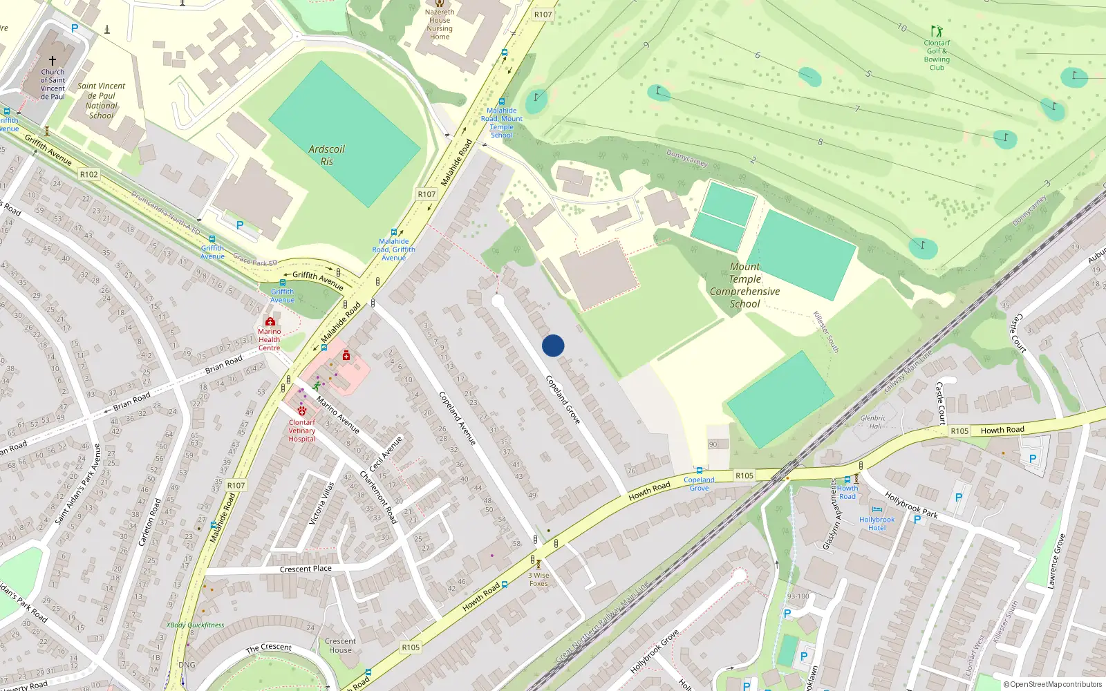 Overhead map showing the location of 32 Copeland Grove, Dublin 3