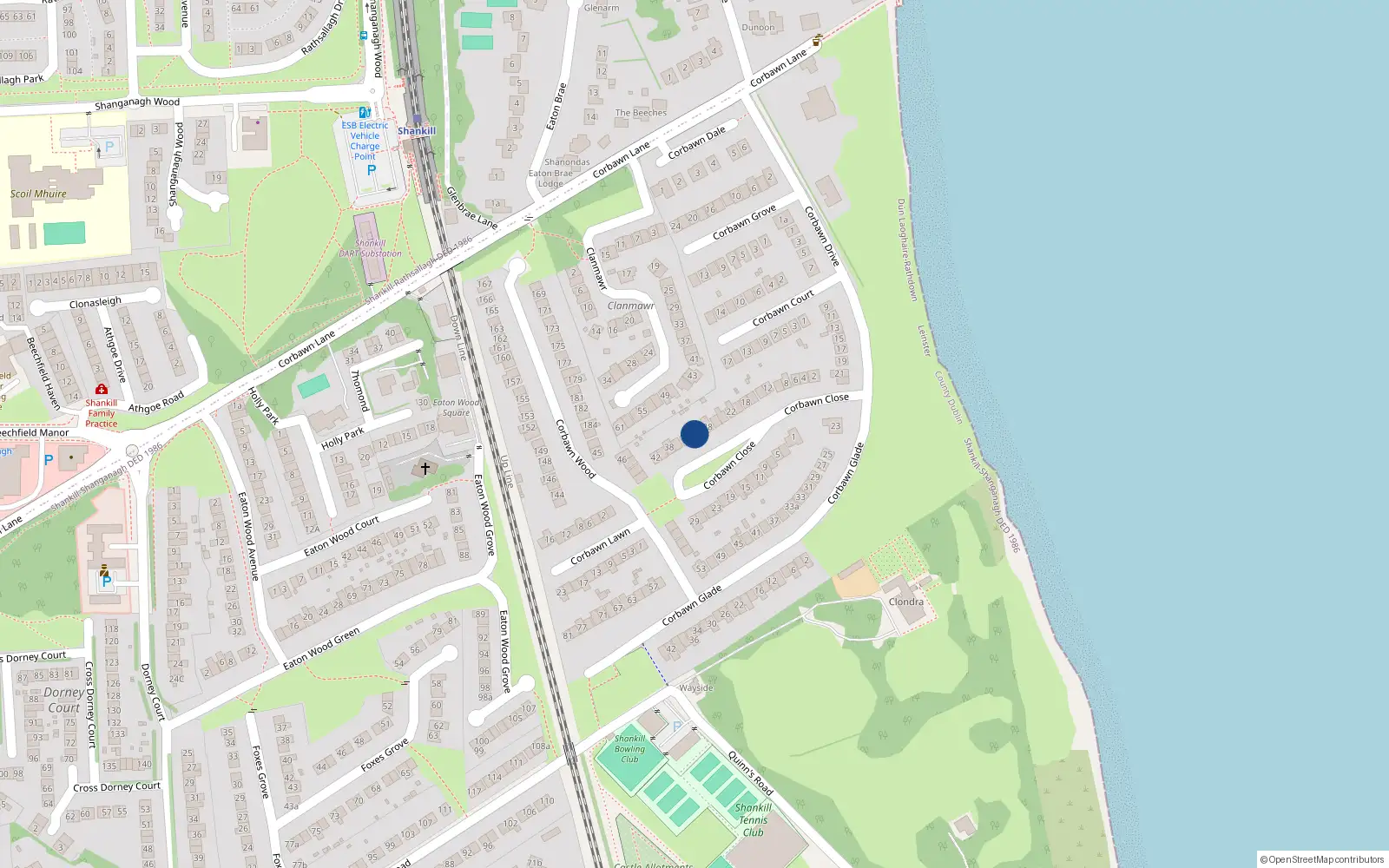 Overhead map showing the location of 32 Corbawn Close, Dublin 18