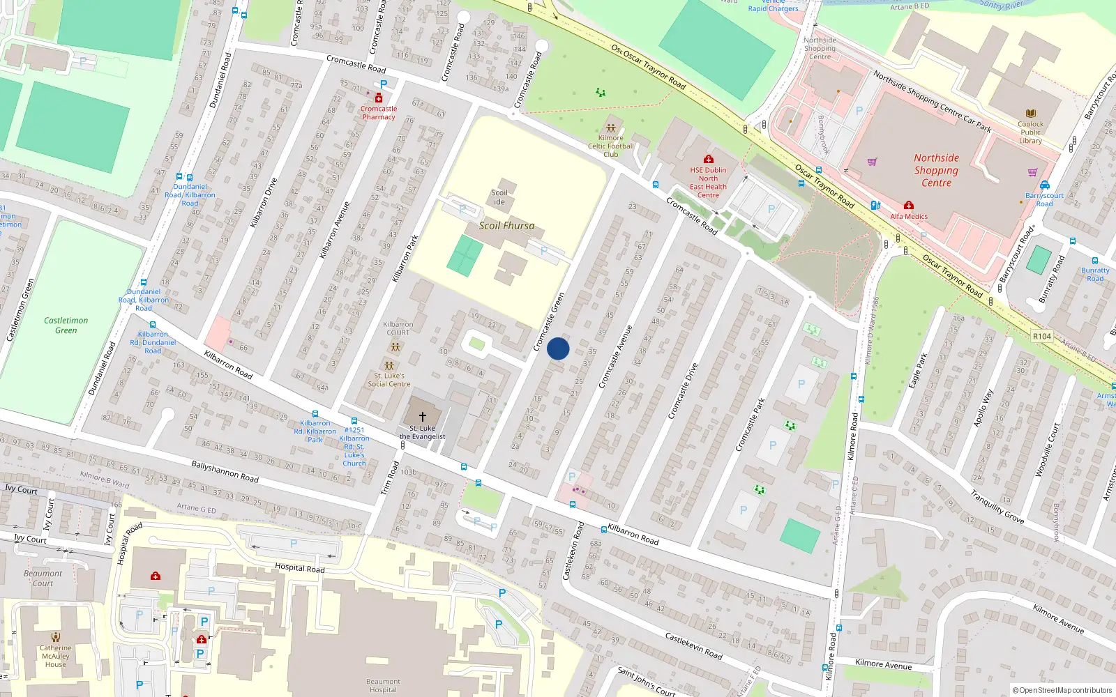 Overhead map showing the location of 32 Cromcastle Green, Kilmore, Coolock
