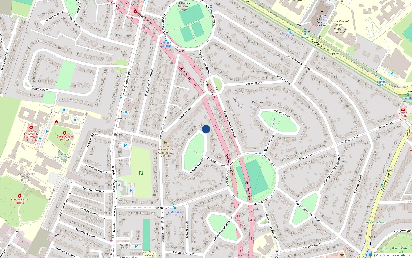 Overhead map showing the location of 32 Croydon Green, Dublin 3