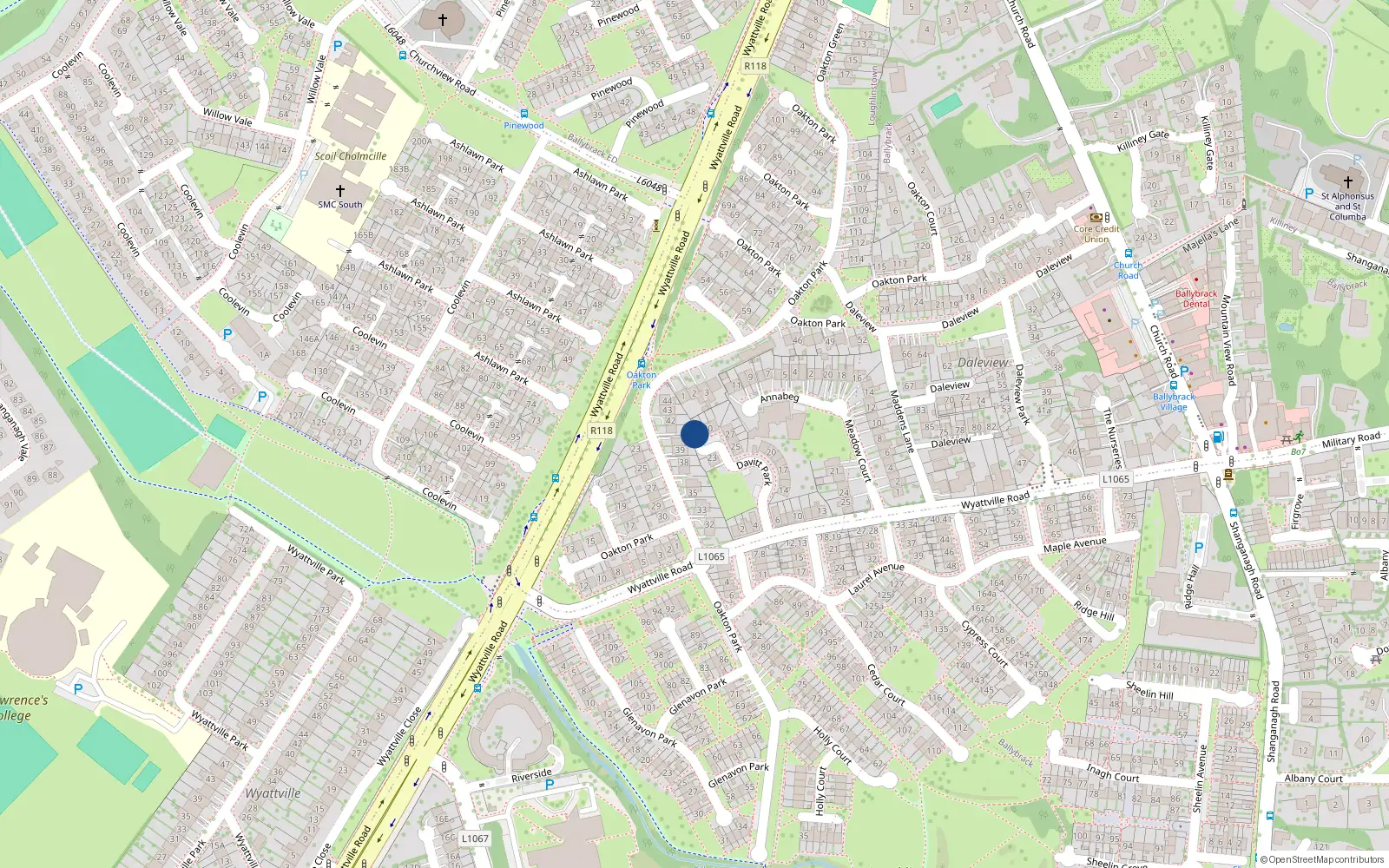 Overhead map showing the location of 32 Davitt Park, Ballybrack