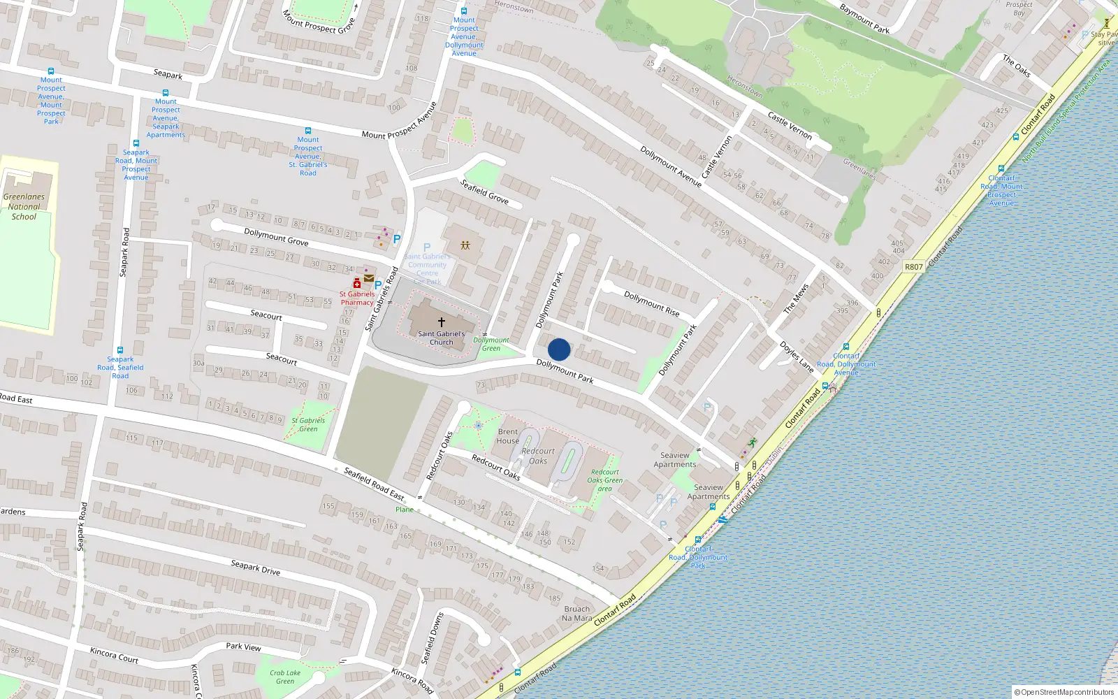 Overhead map showing the location of 32 Dollymount Park, Clontarf, Dublin 3