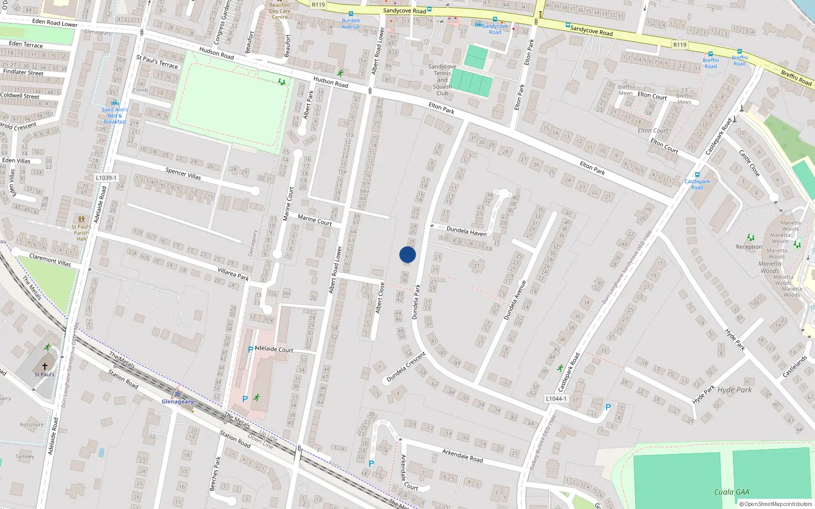 Overhead map showing the location of 32 Dundela Park, Dublin