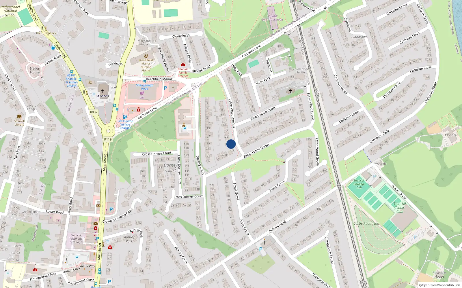 Overhead map showing the location of 32 Eaton Wood Avenue, Dublin