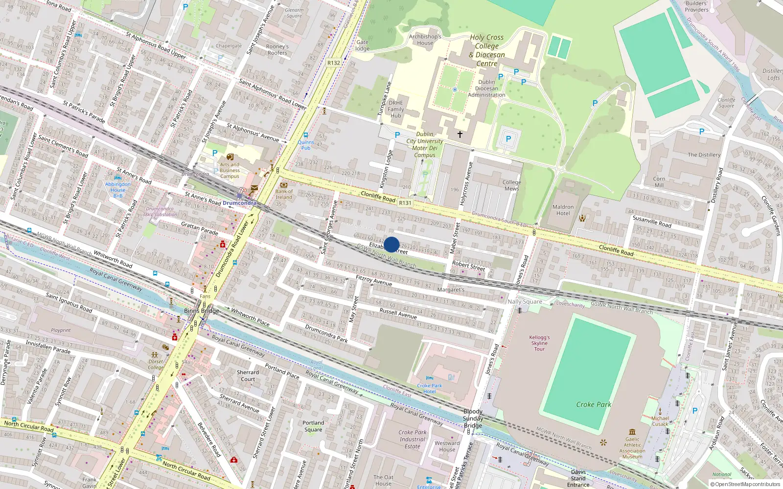 Overhead map showing the location of 32 Elizabeth St, Drumcondra, Dublin