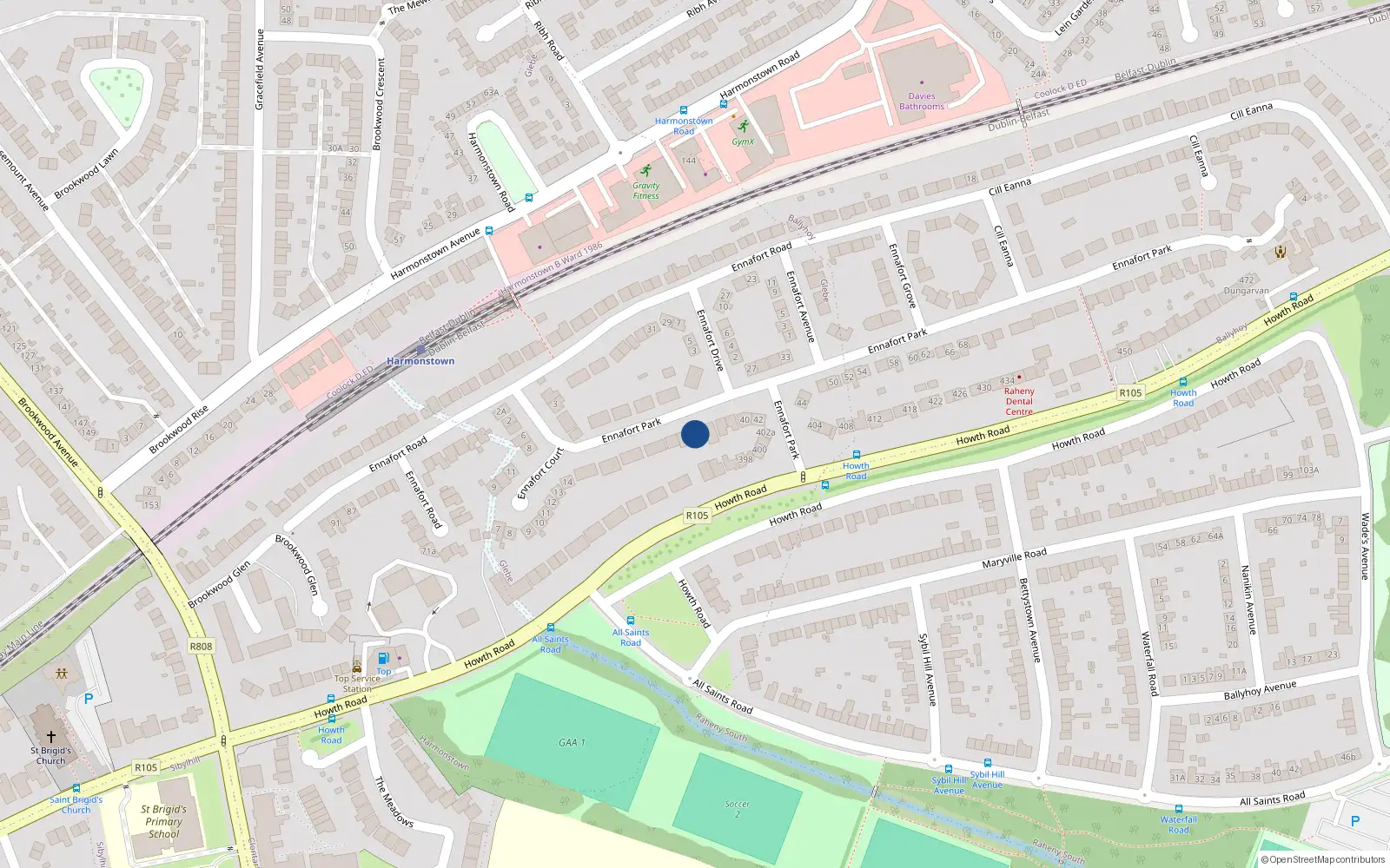 Overhead map showing the location of 32 Ennafort Park, Raheny, Dublin 5
