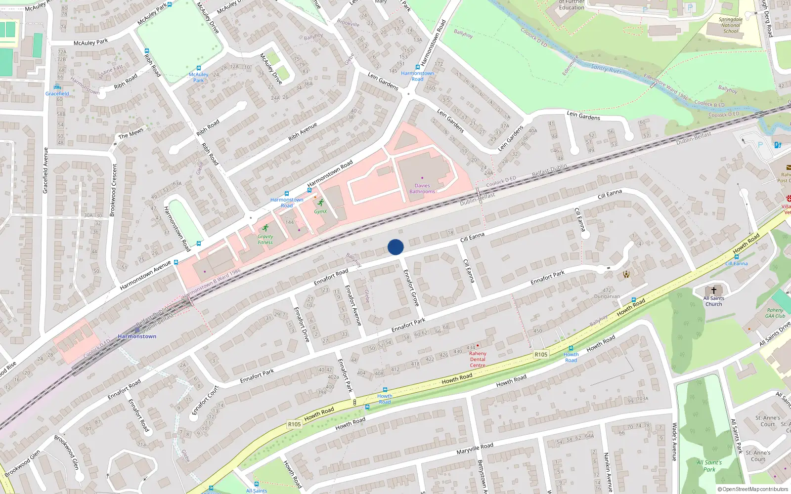 Overhead map showing the location of 32 Ennafort Road, Raheny, Dublin 5
