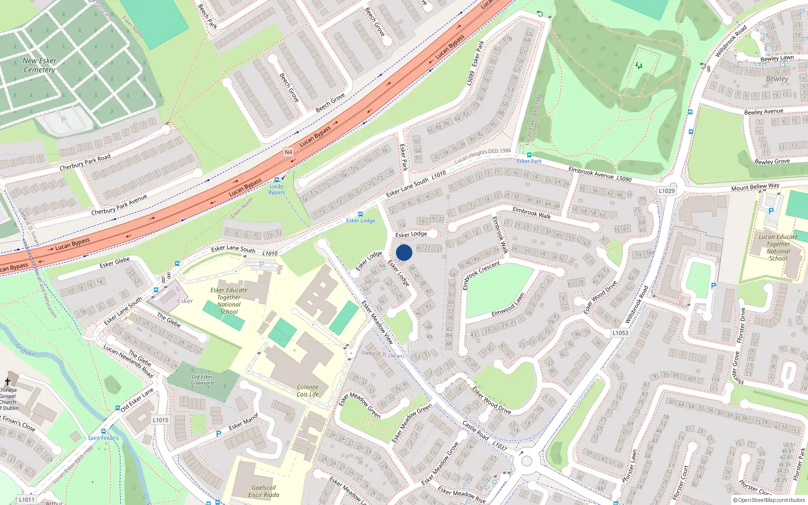 Overhead map showing the location of 32 Esker Lodge, Lucan