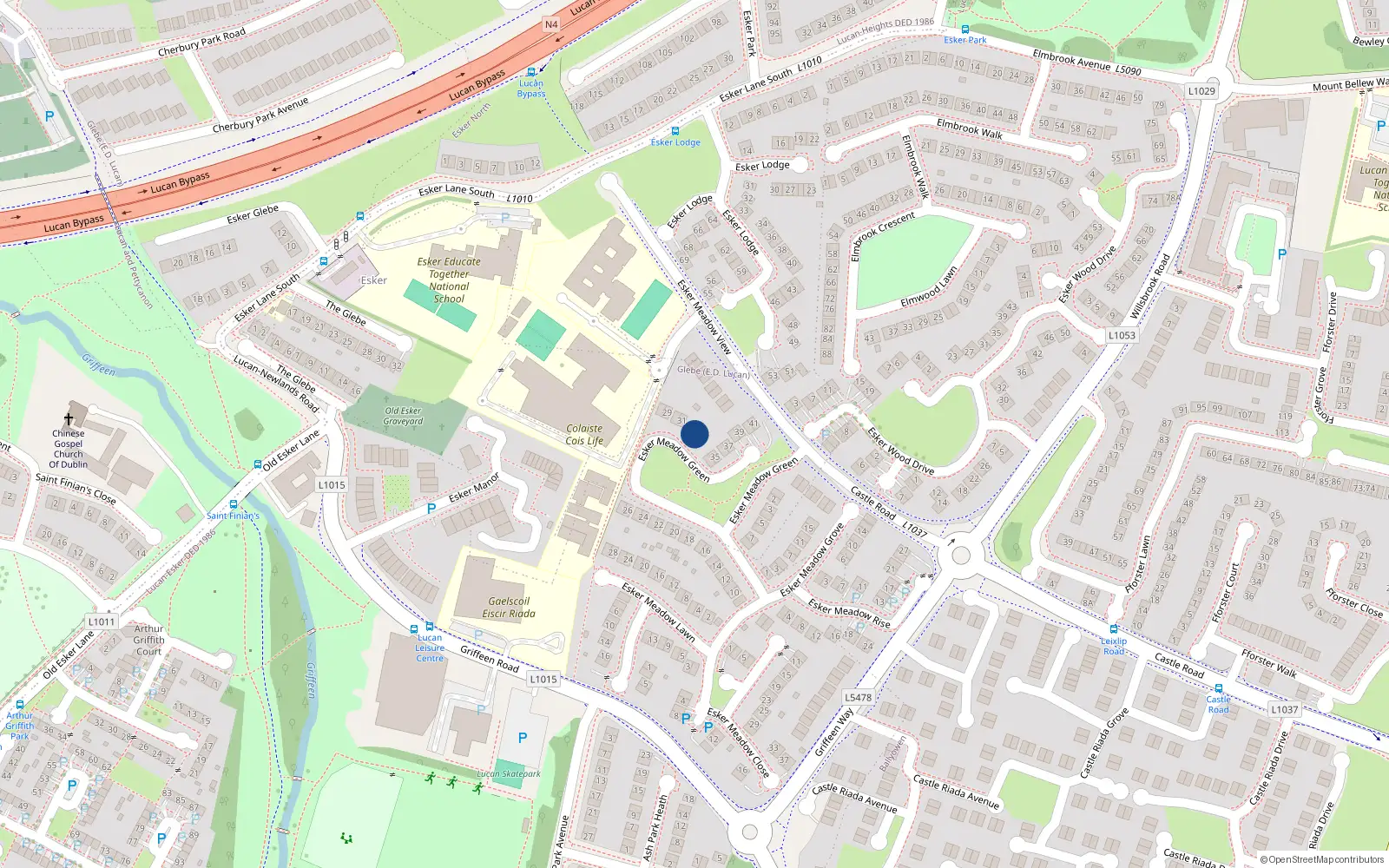 Overhead map showing the location of 32 Esker Meadow Green, Lucan