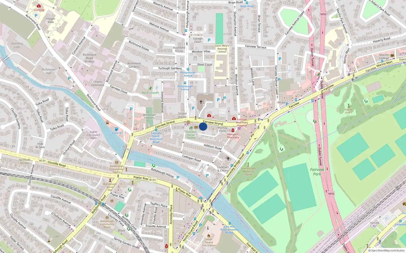 Overhead map showing the location of 32 Fairview Strand, Dublin 3