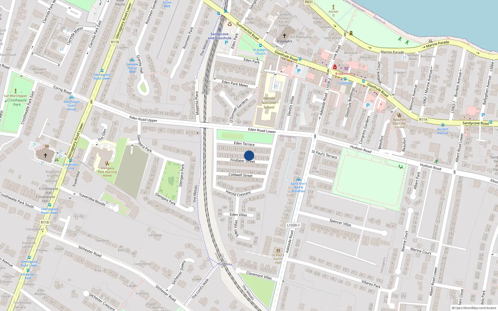 Overhead map showing the location of 32 Findlater St, Glasthule, Dunlaoghaire