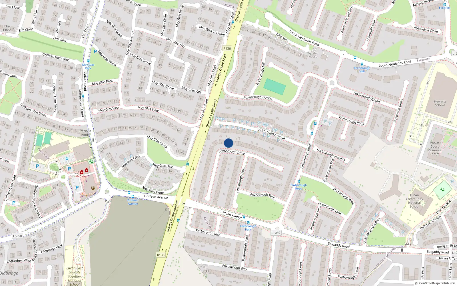 Overhead map showing the location of 32 Foxborough Drive, Lucan