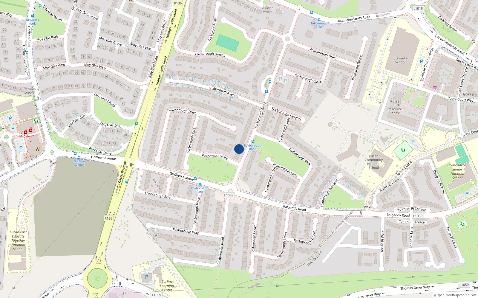 Overhead map showing the location of 32 Foxborough Road, Lucan, Dublin