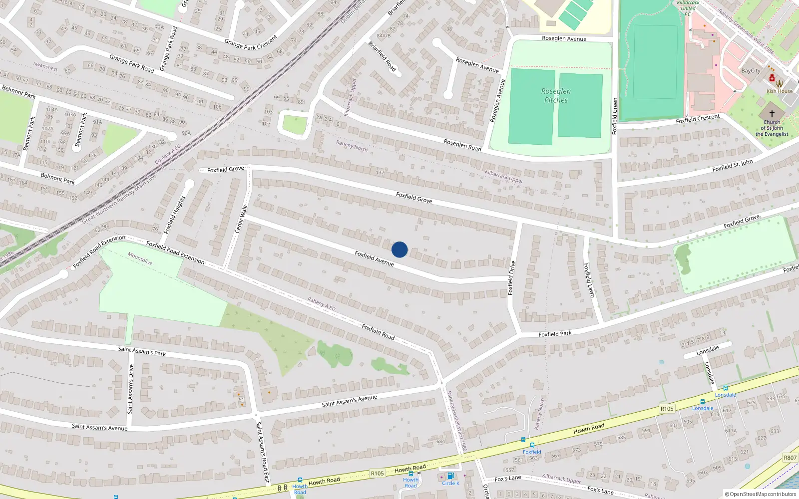 Overhead map showing the location of 32 Foxfield Avenue, Dublin 5