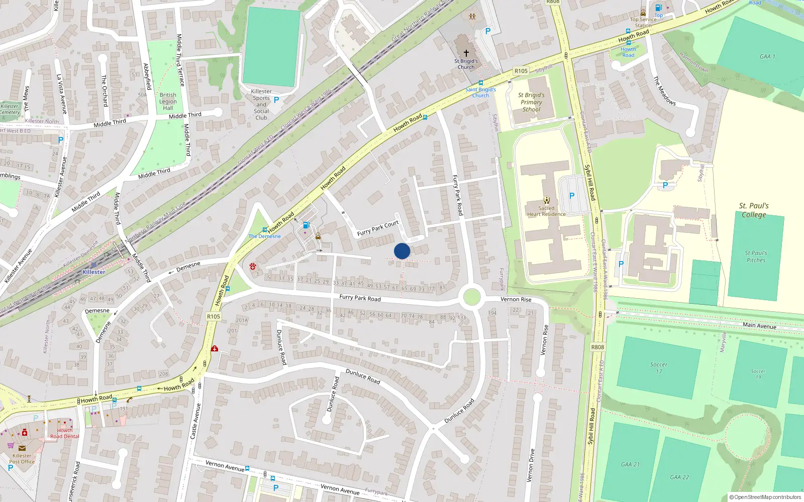 Overhead map showing the location of 32 Furry Park Court, Howth Road, Dublin 5
