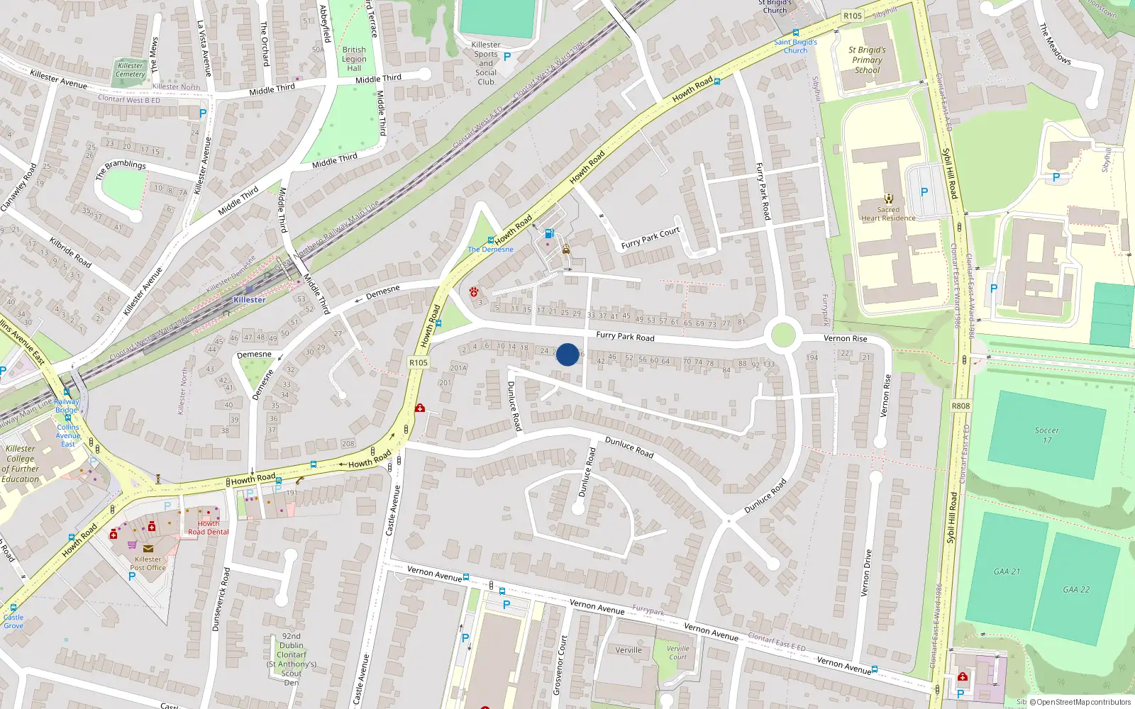 Overhead map showing the location of 32 Furry Park Road, Dublin 5