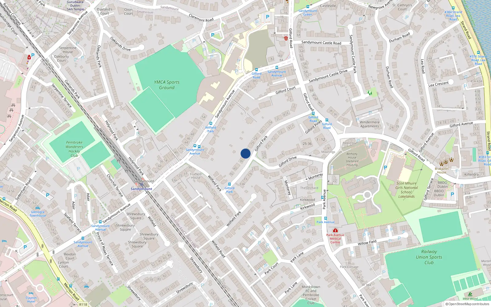 Overhead map showing the location of 32 Gilford Park, Sandymount