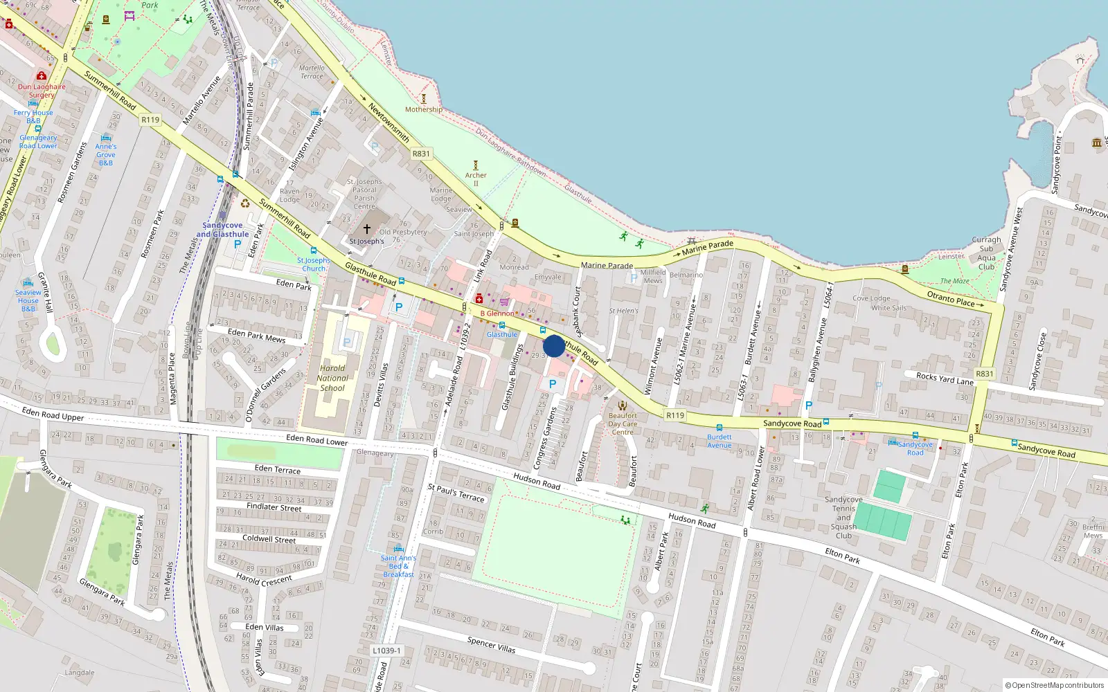 Overhead map showing the location of 32 Glasthule Road, Dublin