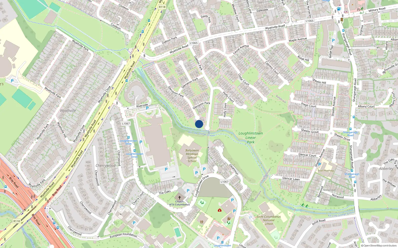 Overhead map showing the location of 32 Glenavon Park, Dublin
