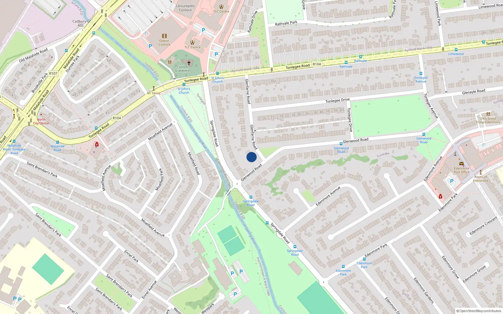 Overhead map showing the location of 32 Glenfarne Road, Dublin 5