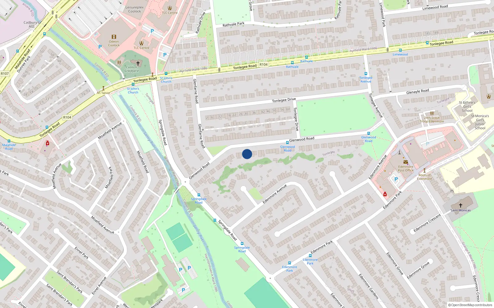 Overhead map showing the location of 32 Glenwood Road, Cameron Park, Dublin 5