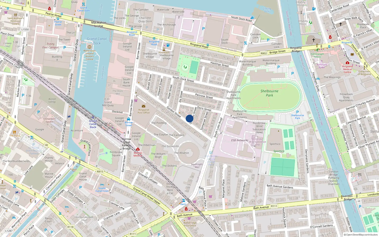 Overhead map showing the location of 32 Gordon Street, Dublin