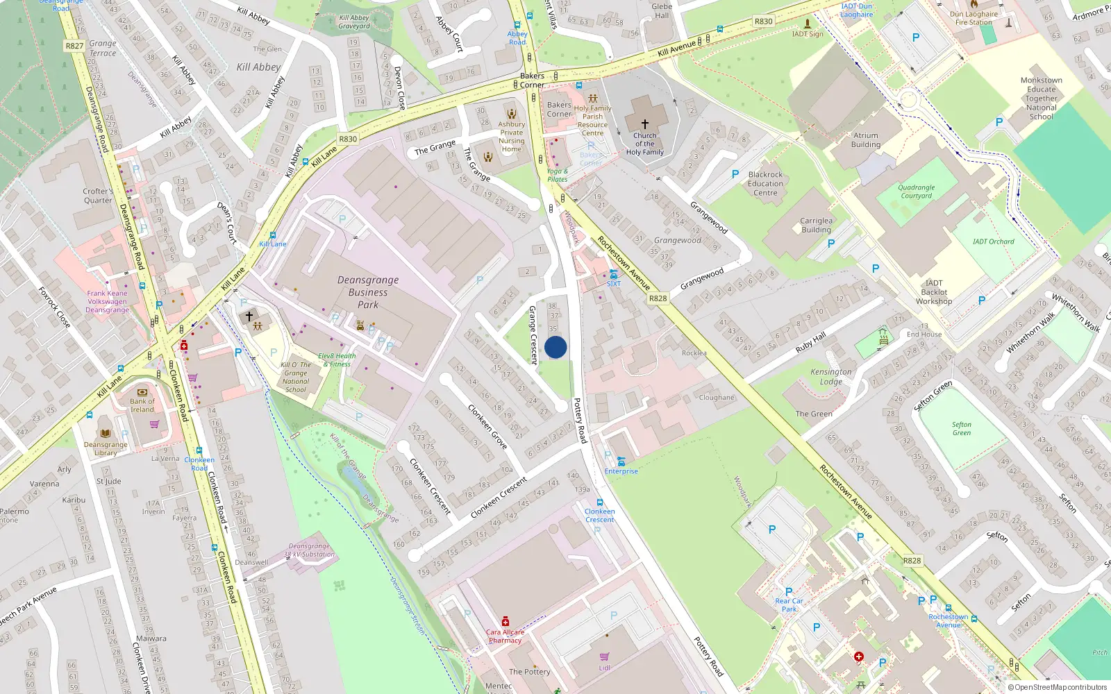 Overhead map showing the location of 32 Grange Crescent, Dun Laoghaire