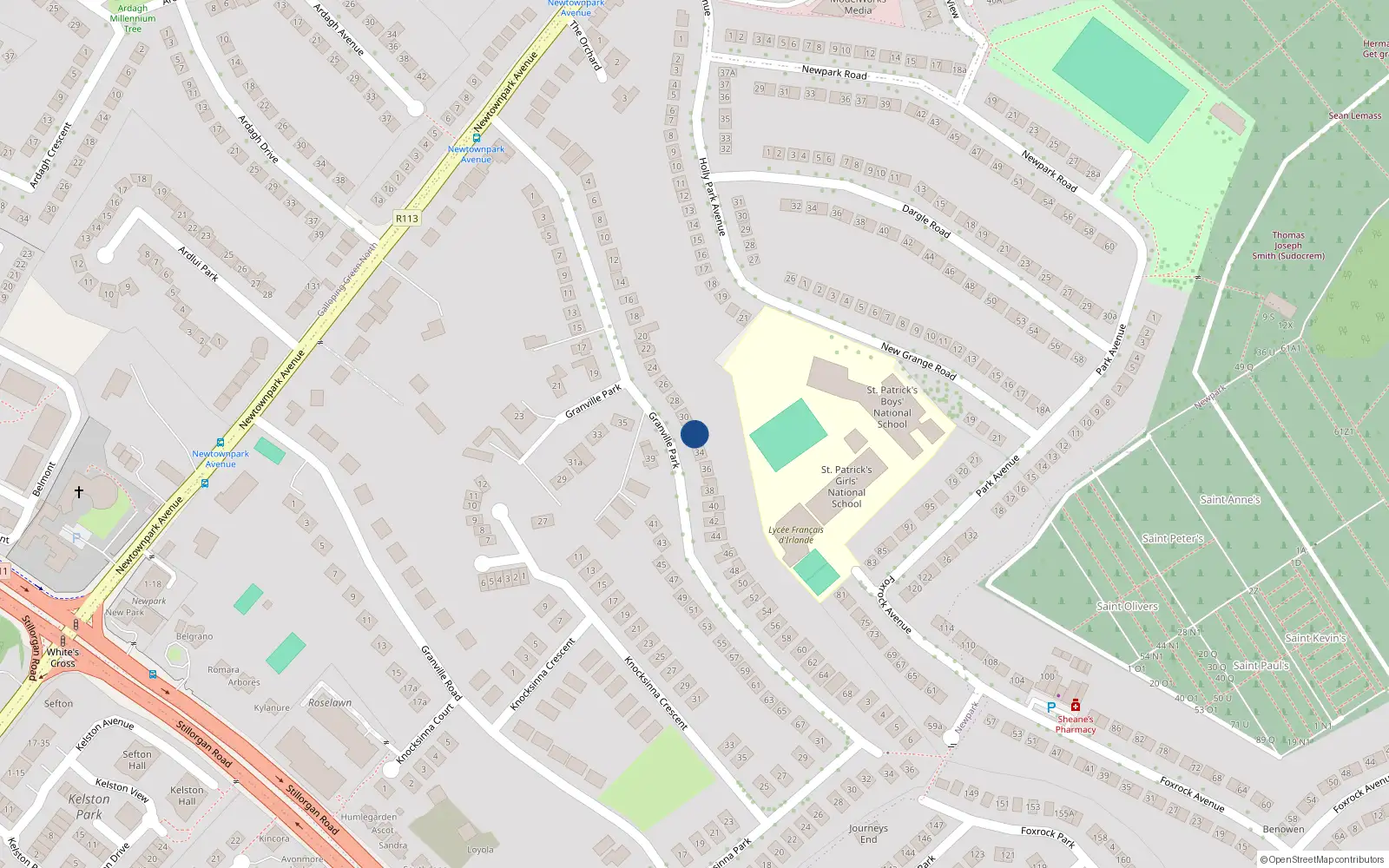 Overhead map showing the location of 32 Granville Park, Blackrock