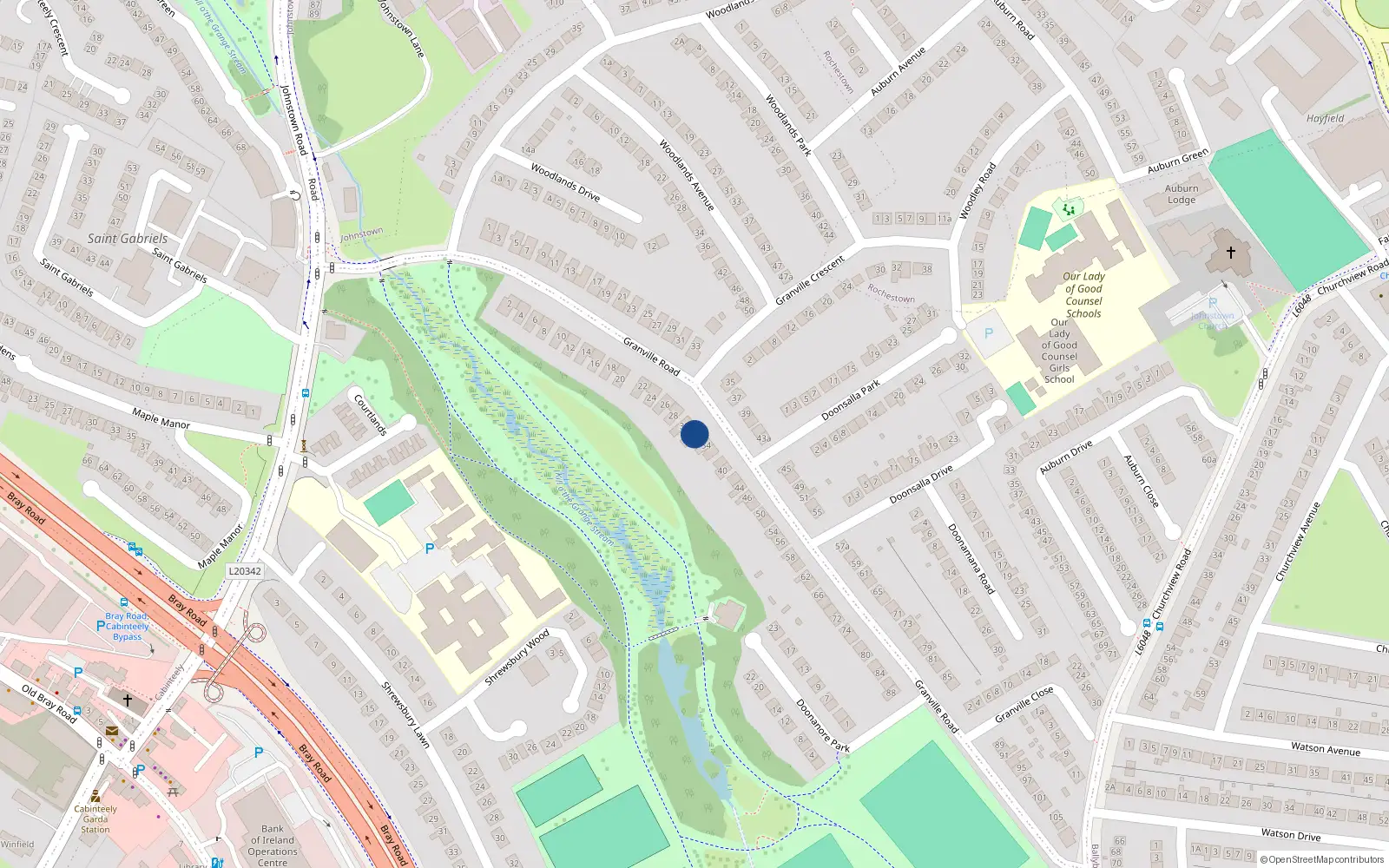 Overhead map showing the location of 32 Granville Road, Dun Laoghaire